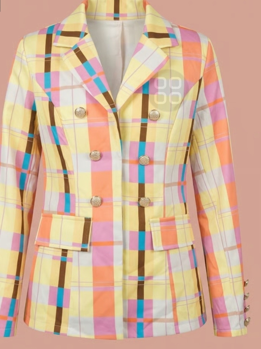 Pastel Plaid Double-Breasted Blazer Jacket - Yellow/Pink